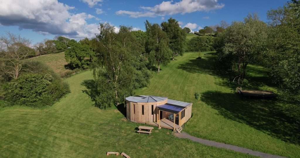 Aerial view of Cedar yurt glamping in Wales
